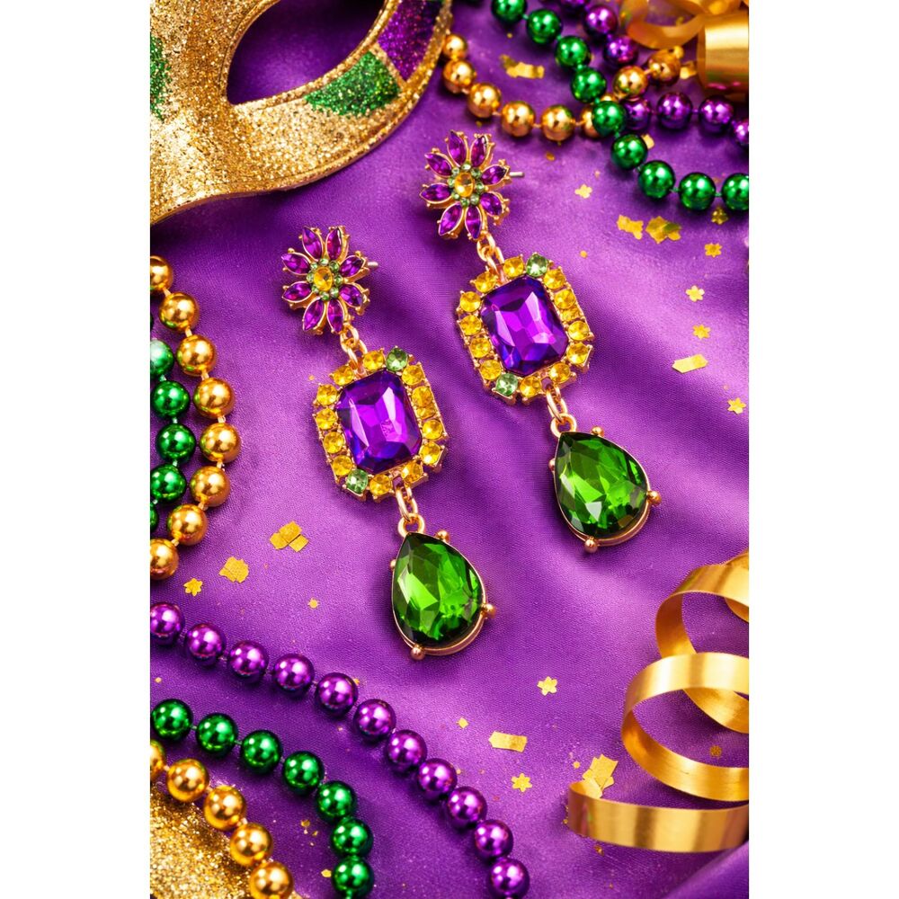 Statement Rhinestone Dangle Earrings Purple Green Yellow Gold Tone